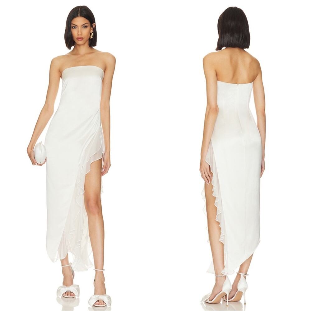 RETROFETE Lorelai Strapless Ruched Draped Ruffle Asymmetric Maxi Dress Sz Small